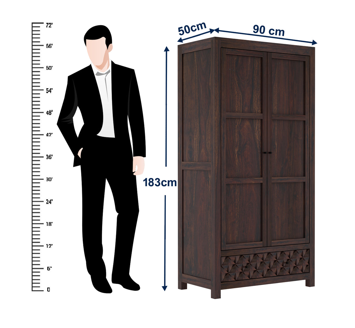 Raj Two Door and One Drawer Storage Solid Sheesham Wood Wardrobe - 3 Years Warranty