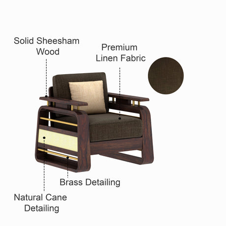 Edin Solid Sheesham Wood Single Seater Sofa With Cane & Brass Detailing - 3 Year Warranty (LUXE EDITION)