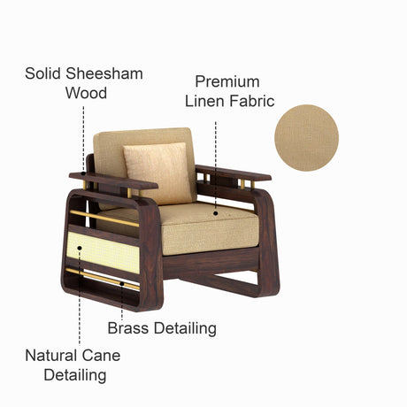 Edin Solid Sheesham Wood Single Seater Sofa With Cane & Brass Detailing - 3 Year Warranty (LUXE EDITION)