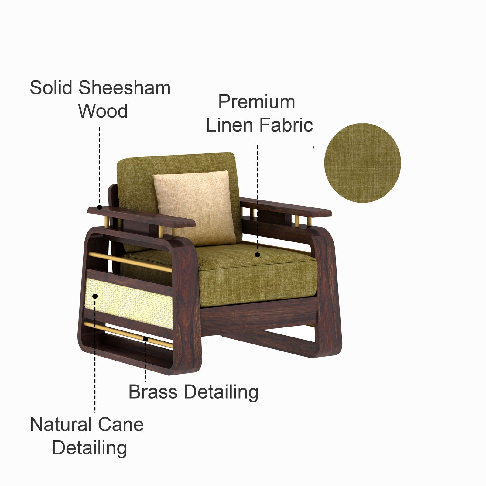 Edin Solid Sheesham Wood Single Seater Sofa With Cane & Brass Detailing - 3 Year Warranty (LUXE EDITION) features