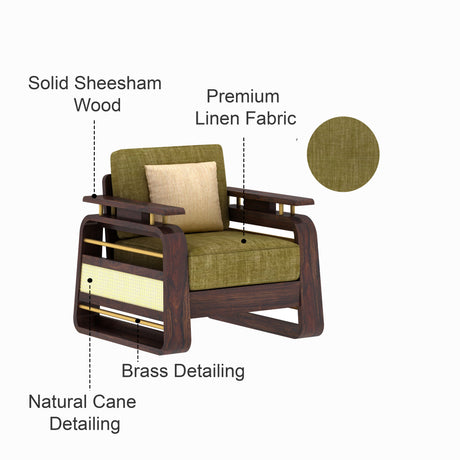 Edin Solid Sheesham Wood Single Seater Sofa With Cane & Brass Detailing - 3 Year Warranty (LUXE EDITION)