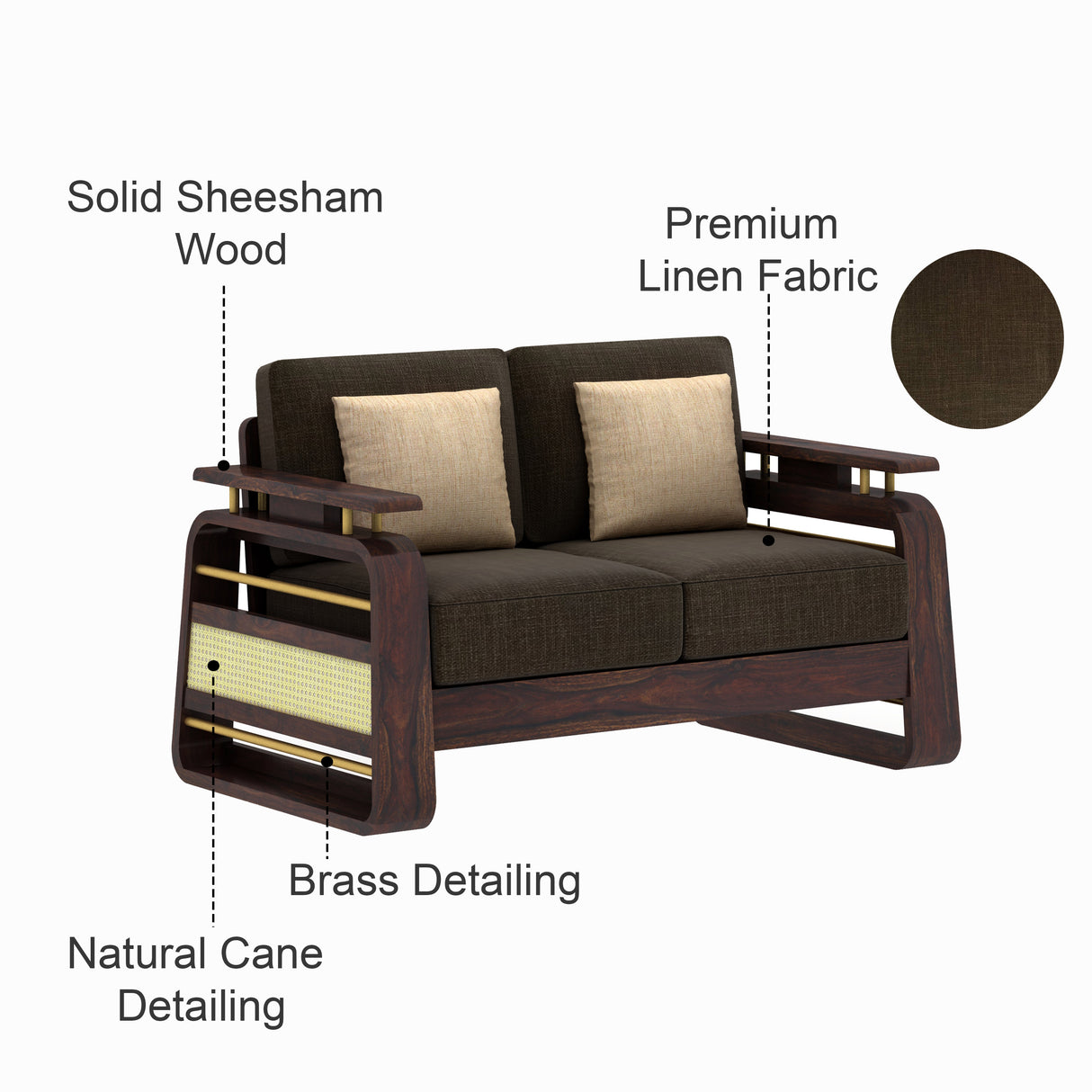 Edin Solid Sheesham Wood 2 Seater Sofa With Cane & Brass Detailing - 3 Year Warranty (LUXE EDITION)