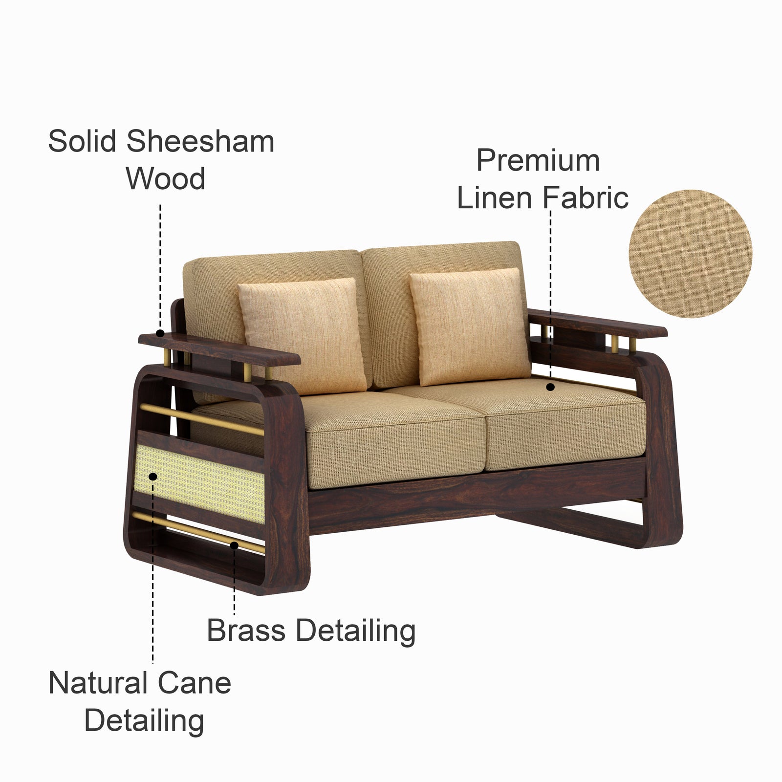 Edin Solid Sheesham Wood 2 Seater Sofa With Cane & Brass Detailing - 3 Year Warranty (LUXE EDITION) features