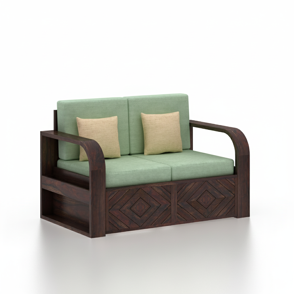 Wave Solid Sheesham Wood 2 Seater Sofa With Side Pockets - 3 Years Warranty