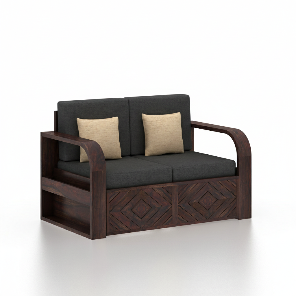 Wave Solid Sheesham Wood 2 Seater Sofa With Side Pockets - 3 Years Warranty