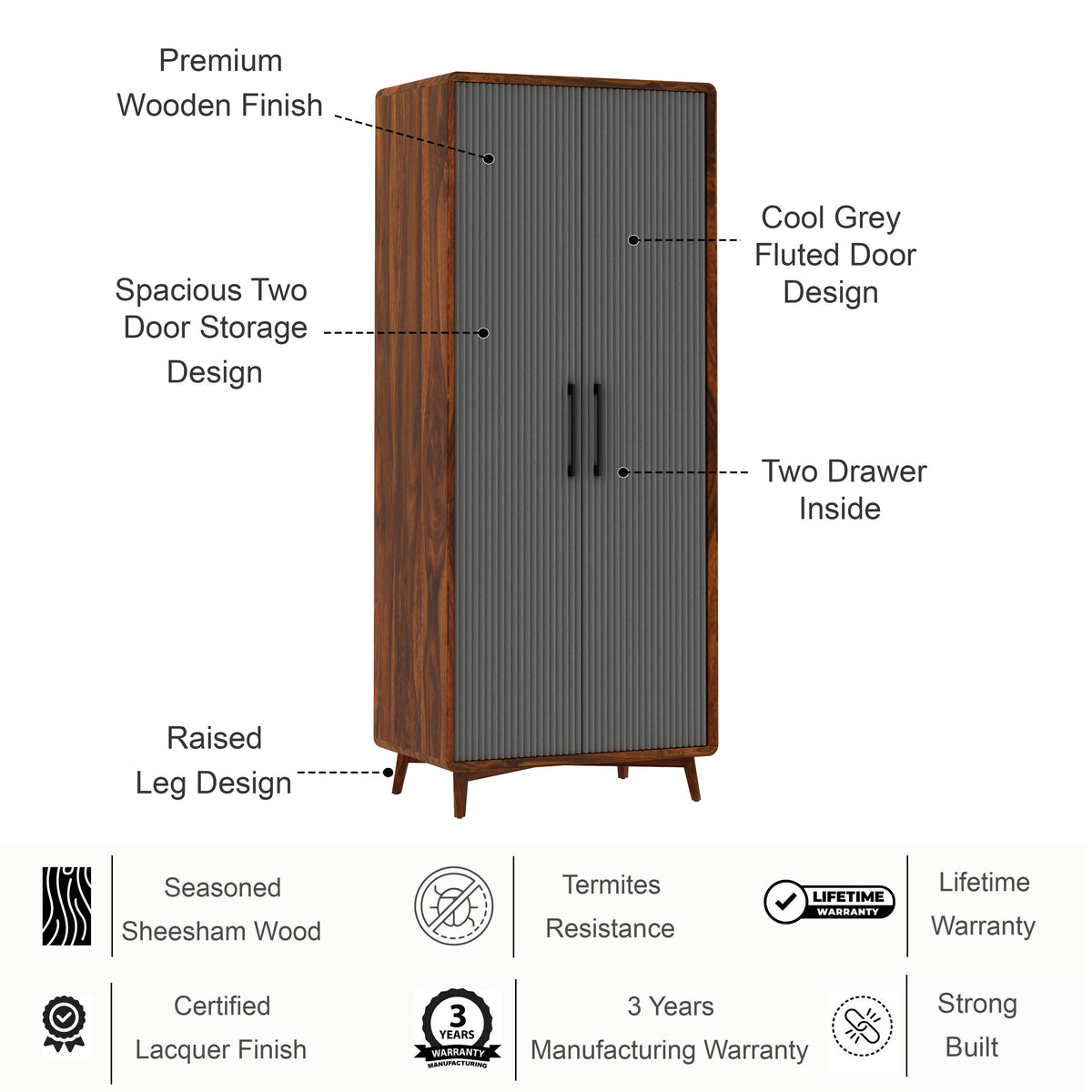 Robert Solid Sheesham Wood Wardrobe With Two Doors 3 Years warranty features