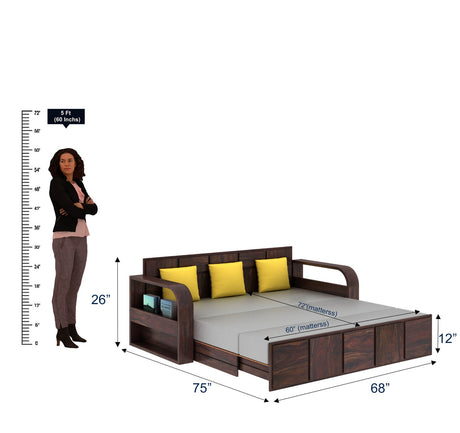 Scott Solid Sheesham Wood 3 Seater Sofa Cum Bed with Headboard Design - 1 Year Warranty