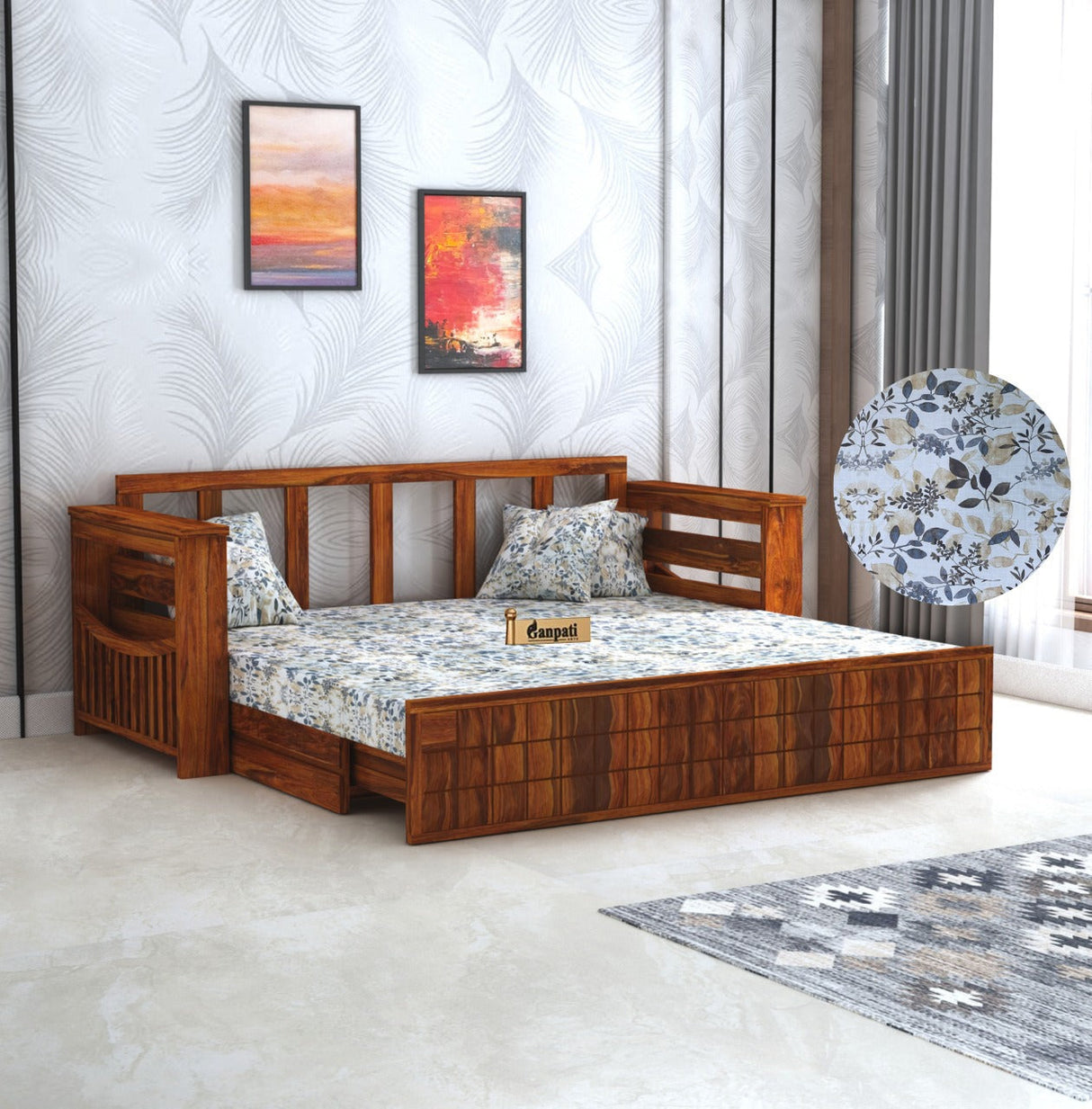 OSLO Solid Sheesham Wood 3 Seater Sofa Cum Bed With Side Pockets FLORAL - 3 Years Warranty