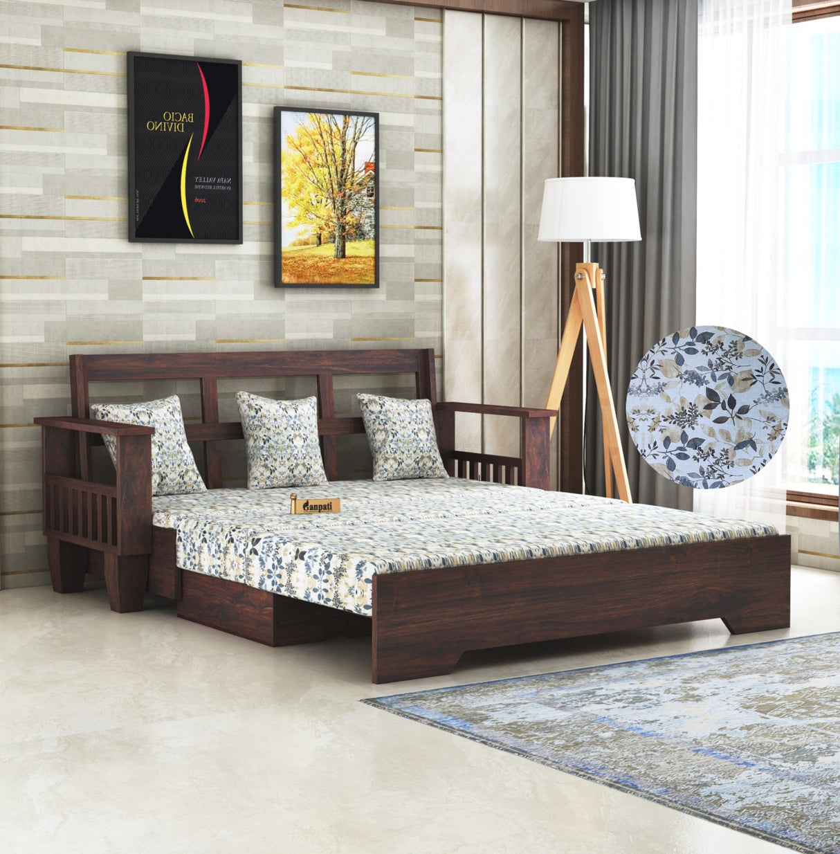 Maharaja Solid Sheesham Wood 3 Seater Sofa Cum Bed With Side Pockets FLORAL - 3 Years Warranty