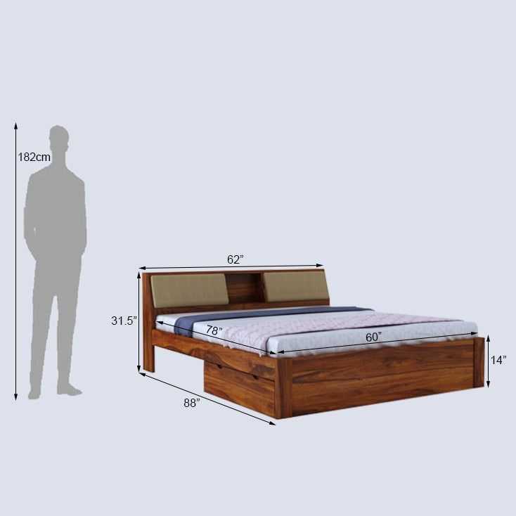 Mayor Solid Sheesham Wood Bed with Two Drawer Storage Natural - 3 Years Warranty