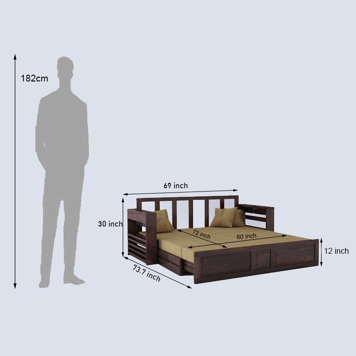 Lurid Solid Sheesham Wood 3 Seater Sofa Cum Bed Walnut with Side Pockets - 3 Years Warranty