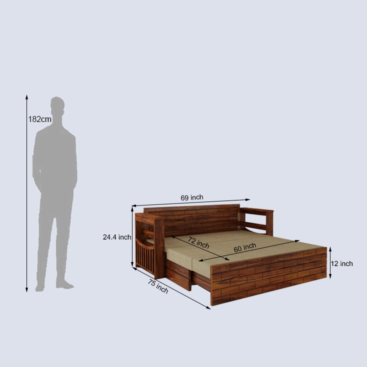 Italian Solid Sheesham Wood 3 Seater Sofa Cum Bed With Headboard and Mini Storage - 3 Year Warranty