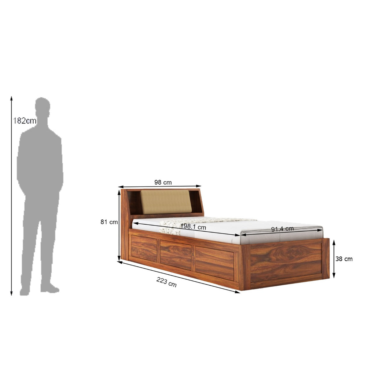 Mayor Solid Sheesham Wood Single Bed With Headboard and Box Storage - 1 Year Warranty