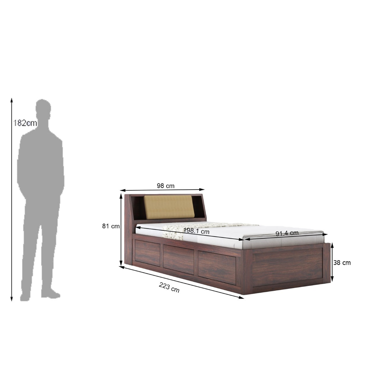 Mayor Solid Sheesham Wood Single Bed With Headboard and Box Storage - 3 Years Warranty