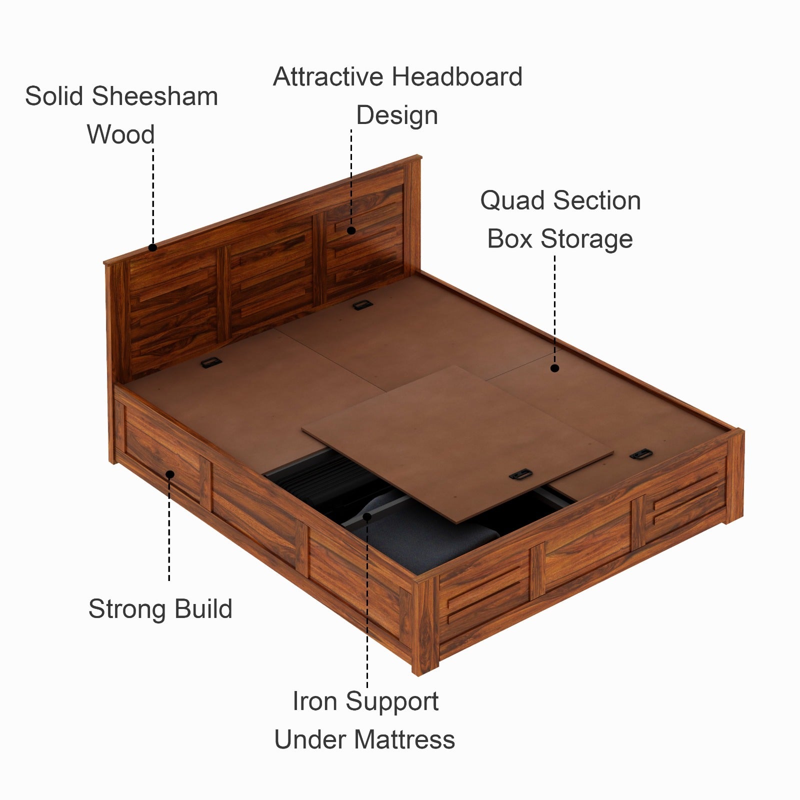 Swiss Solid Sheesham Wood Box Storage Bed - 3 years Warranty features