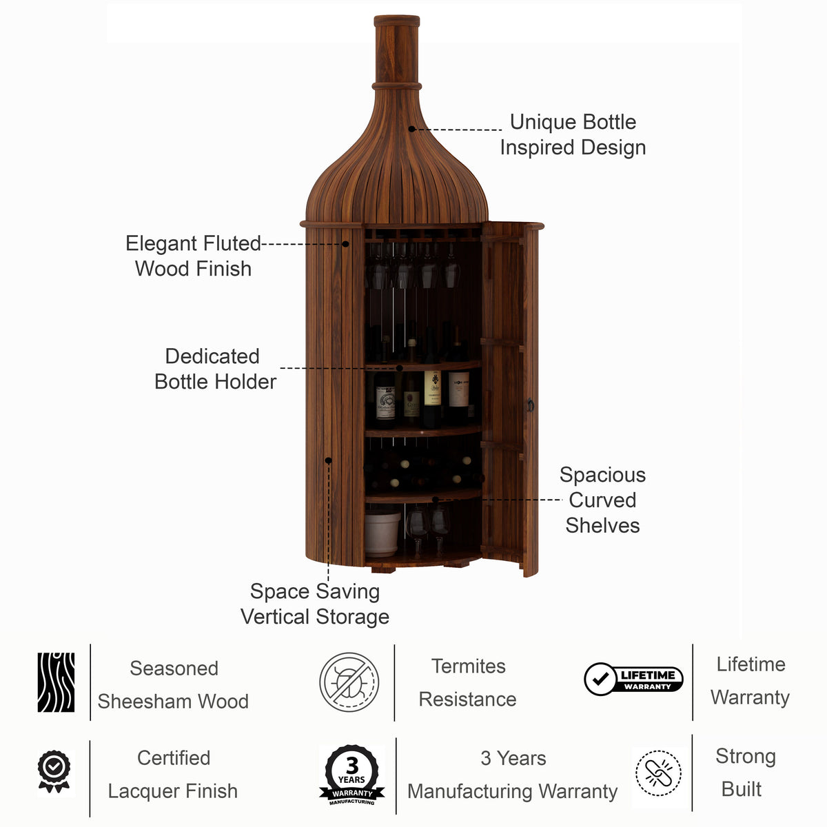 Cellar Solid Sheesham Wood Bottle Bar Cabinet - 3 Years Warranty