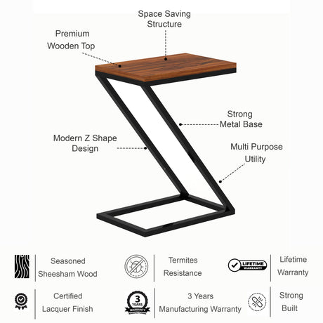 ZEE Solid Sheesham Wood End Table With Iron Stand - 3 Years Warranty