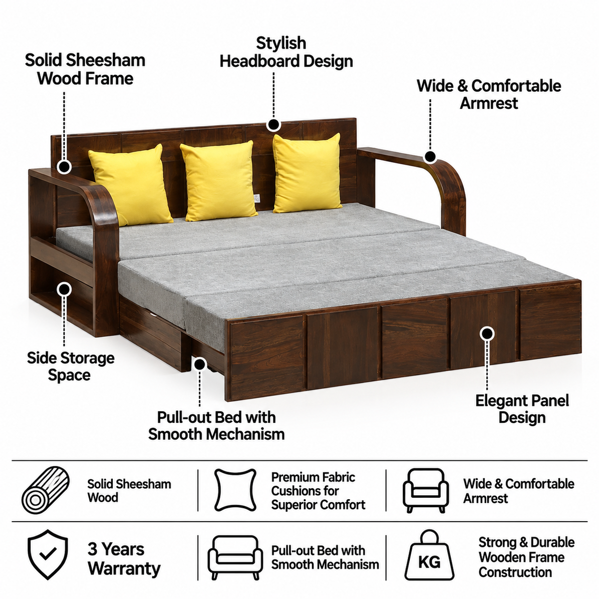 Scott Solid Sheesham Wood 3 Seater Sofa Cum Bed with Headboard Design - 3 Years Warranty features