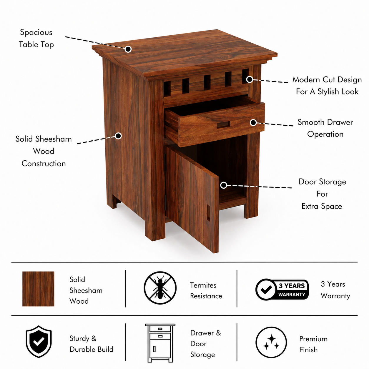 Armania Bedside Table With Storage in Solid Sheesham Wood - 3 Years Warranty features