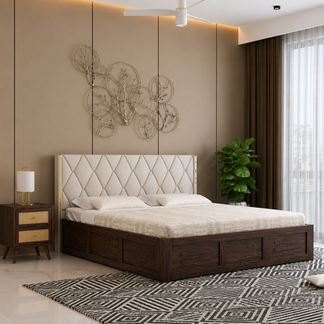 Swiss Solid Sheesham Wood Bed With Box Storage & Eifle Style Upholstered Headboard-3 years Warranty(LUXE EDITION)