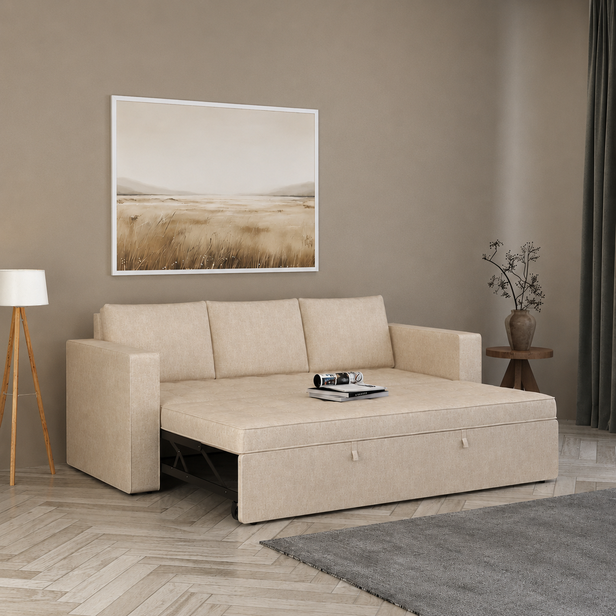 FABRIO Three Seater Upholstered Sofa Cum Bed Textured Suede - 12 Months Warranty -Suede Beige