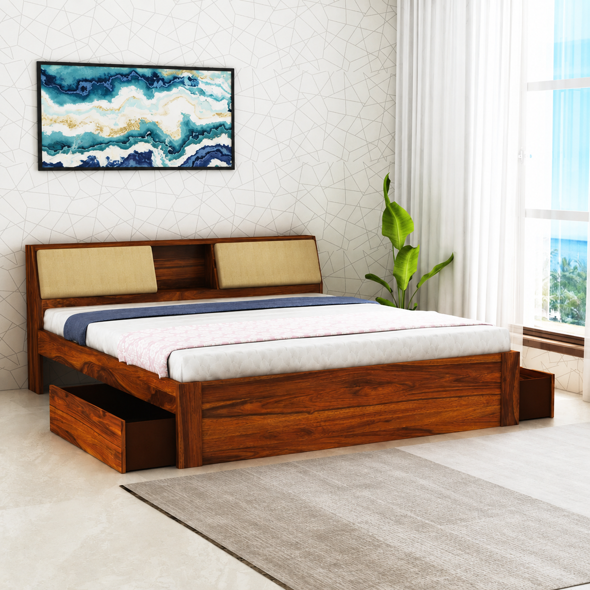 Mayor Solid Sheesham Wood Bed with Two Drawer Storage Natural - 3 Years Warranty