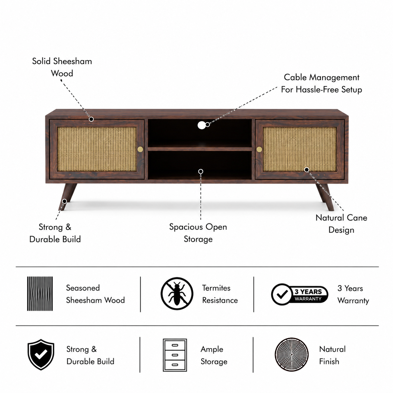 Syrus Solid Sheesham Wood TV Unit Cane - 3 Years Warranty features