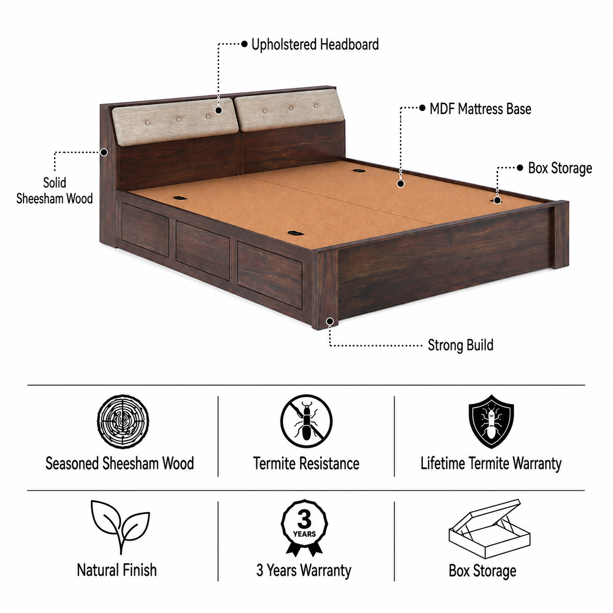 Victoria Solid Sheesham Wood Bed With Box Storage - 3 years Warranty features