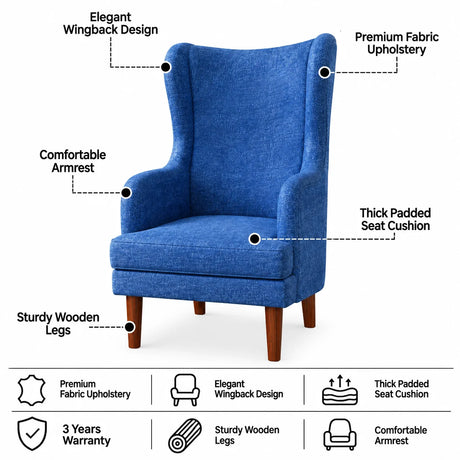 Navy Wing/Relax Sofa Chair With Wooden Legs - 3 Years Warranty