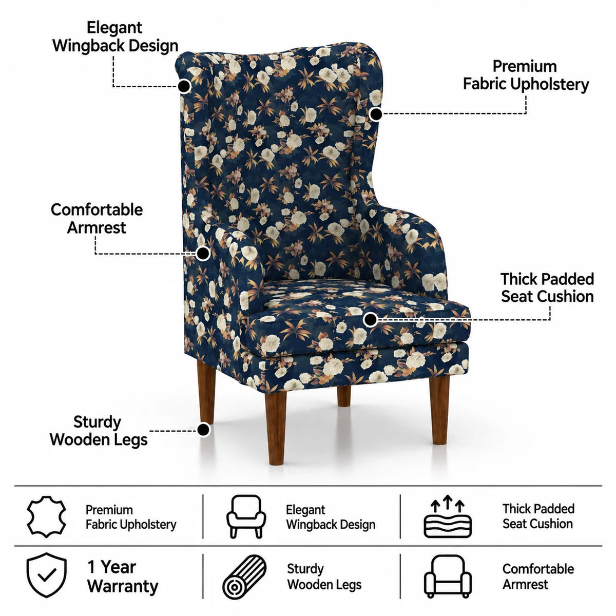 Cairo Wing/Relax Sofa Chair With Wooden Legs - 1 Year Warranty