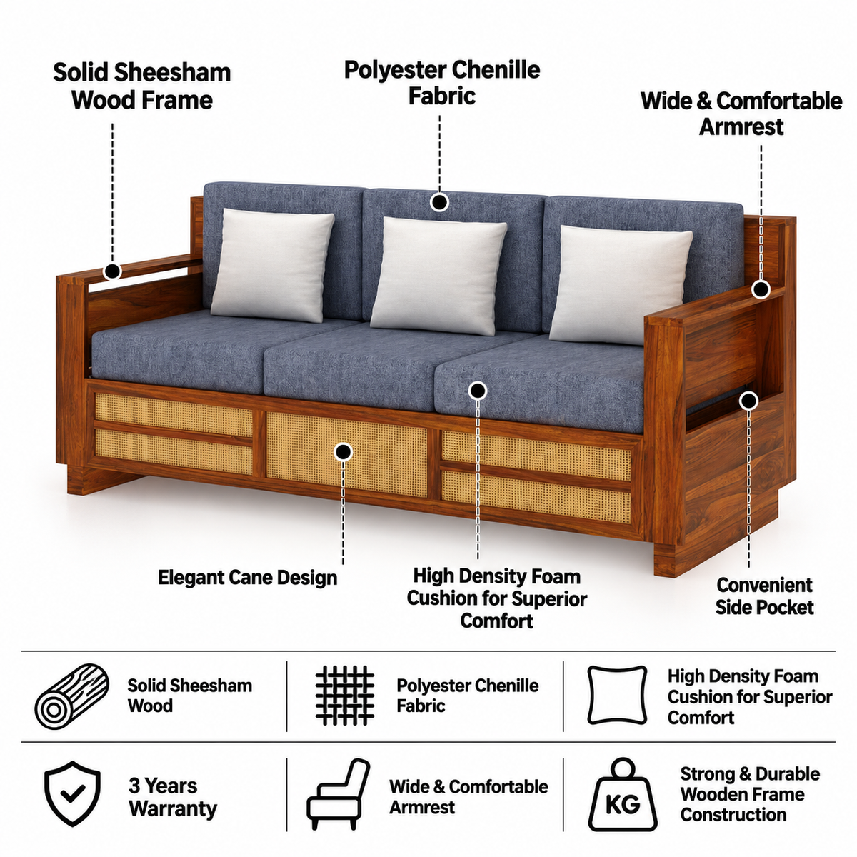 Syrus Solid Sheesham Wood 3 Seater Sofa With Side Pocket and Cane Design - 3 Year Warranty features