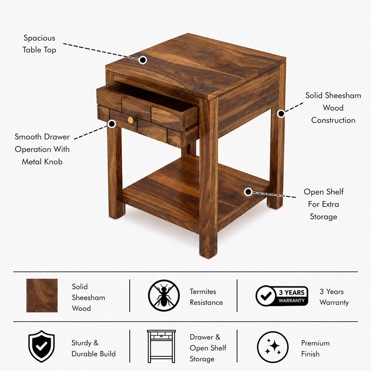 Italian Solid Sheesham Wood Side Table With One Drawer - 3 Years Warranty features