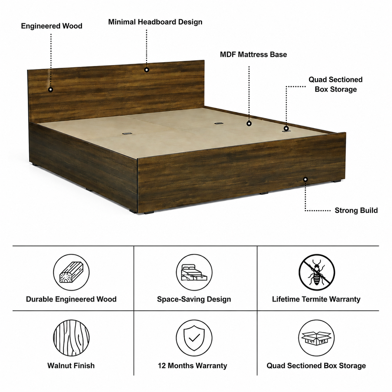 CARPER Engineered Wood Bed with Box Storage (Walnut) - 12 Months Warranty features
