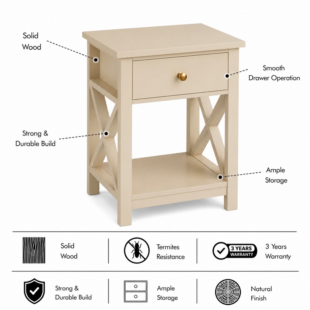LUNA Solid Wood Bedside Table - 3 Years Warranty (LUXE EDITION) features