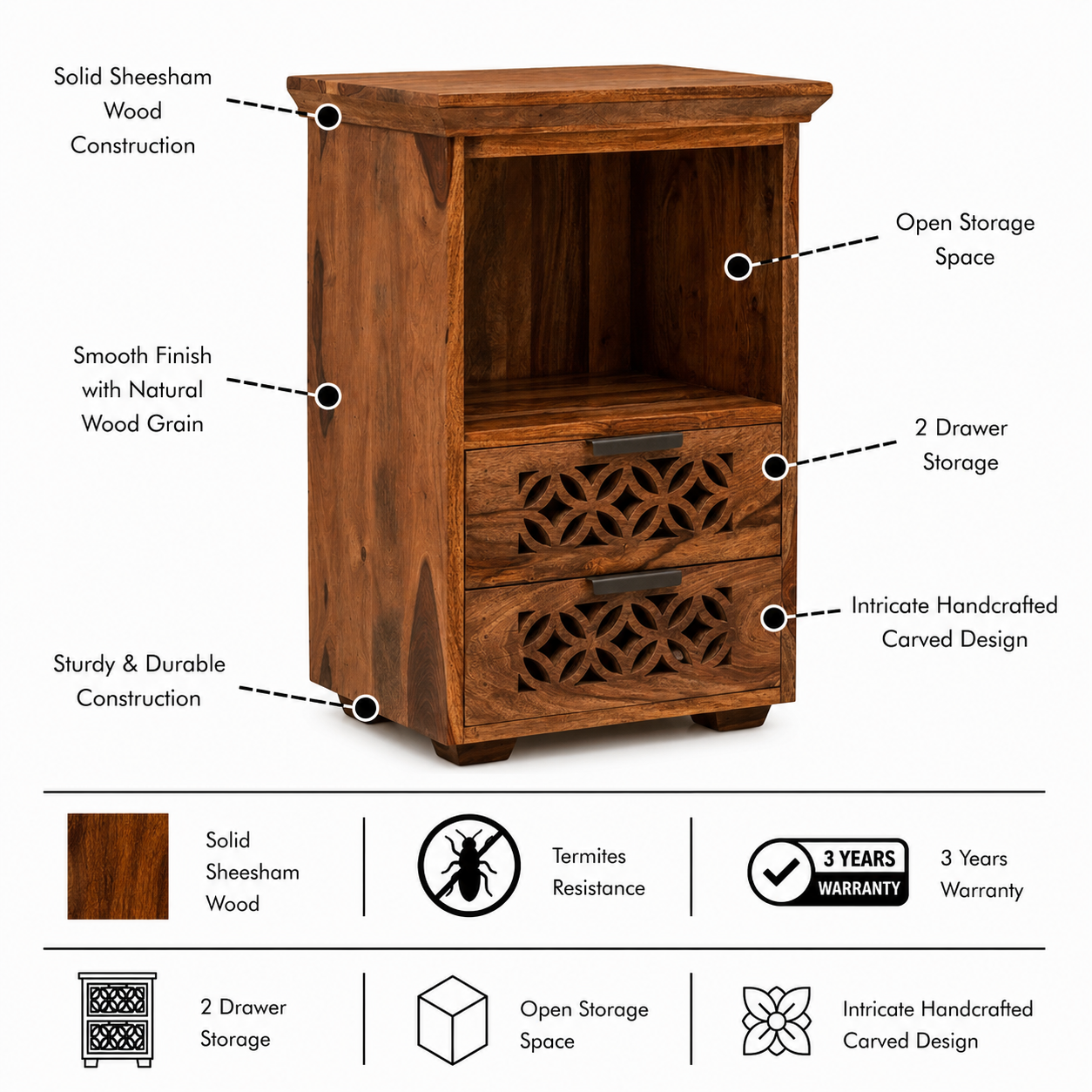 Jodhpur Solid Sheesham Wood Bedside Table With Storage - 3 Years Warranty features