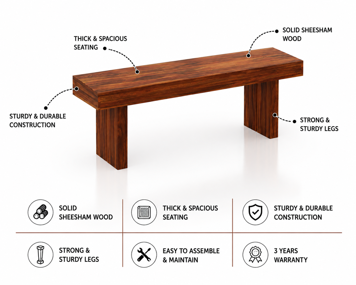Maharaja Solid Sheesham Wood Dining Bench - 3 Years Warranty features