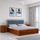 Emporio Solid Sheesham Wood Bed With Box Storage & Upholstered Headboard-3 years Warranty(LUXE EDITION)