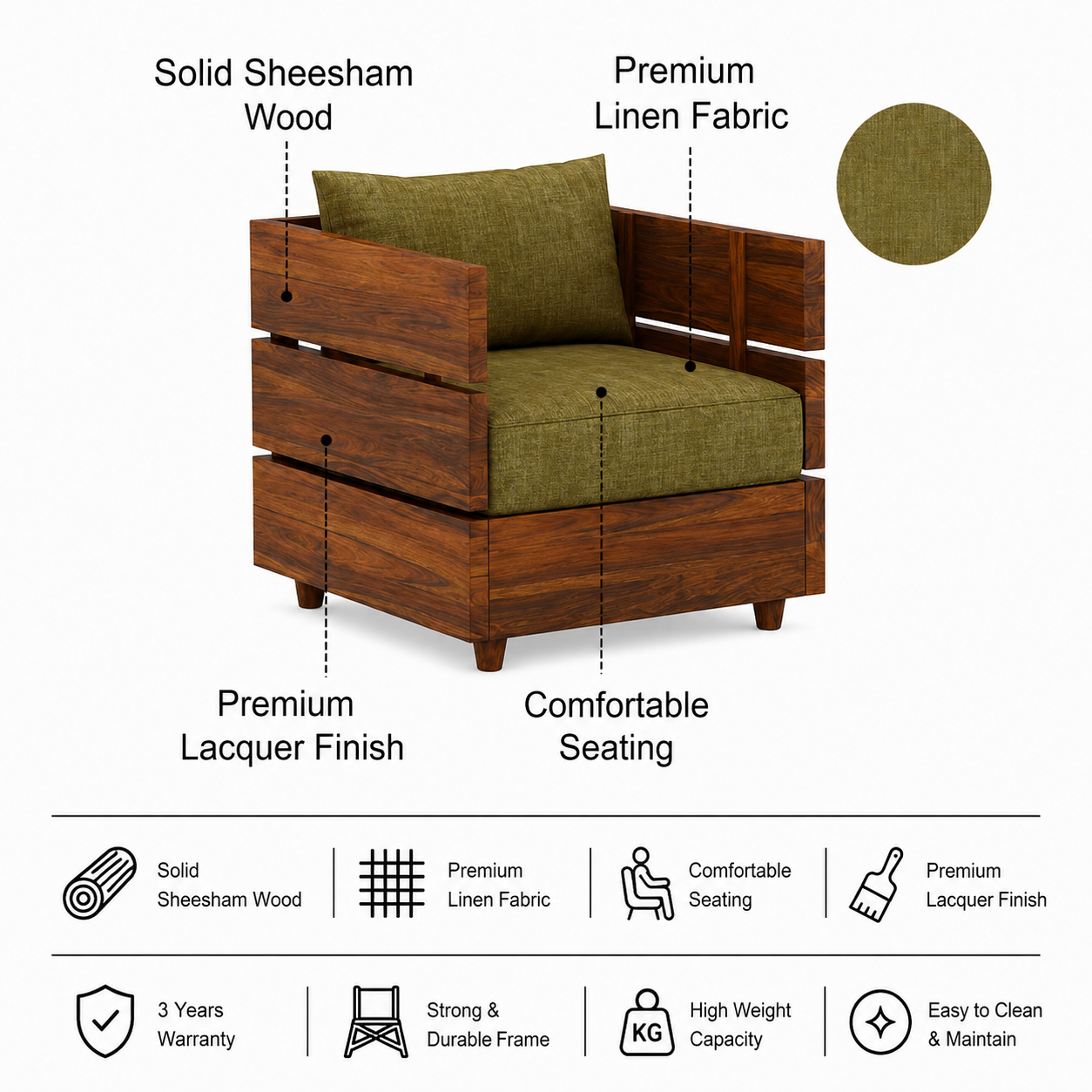 Cairo Solid Sheesham Wood Single Seater Sofa - 3 Year Warranty (LUXE EDITION) features