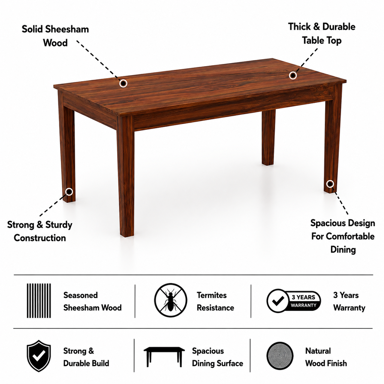 Foster Solid Sheesham Wood 6 Seater Dining Table Set - 3 Years Warranty features