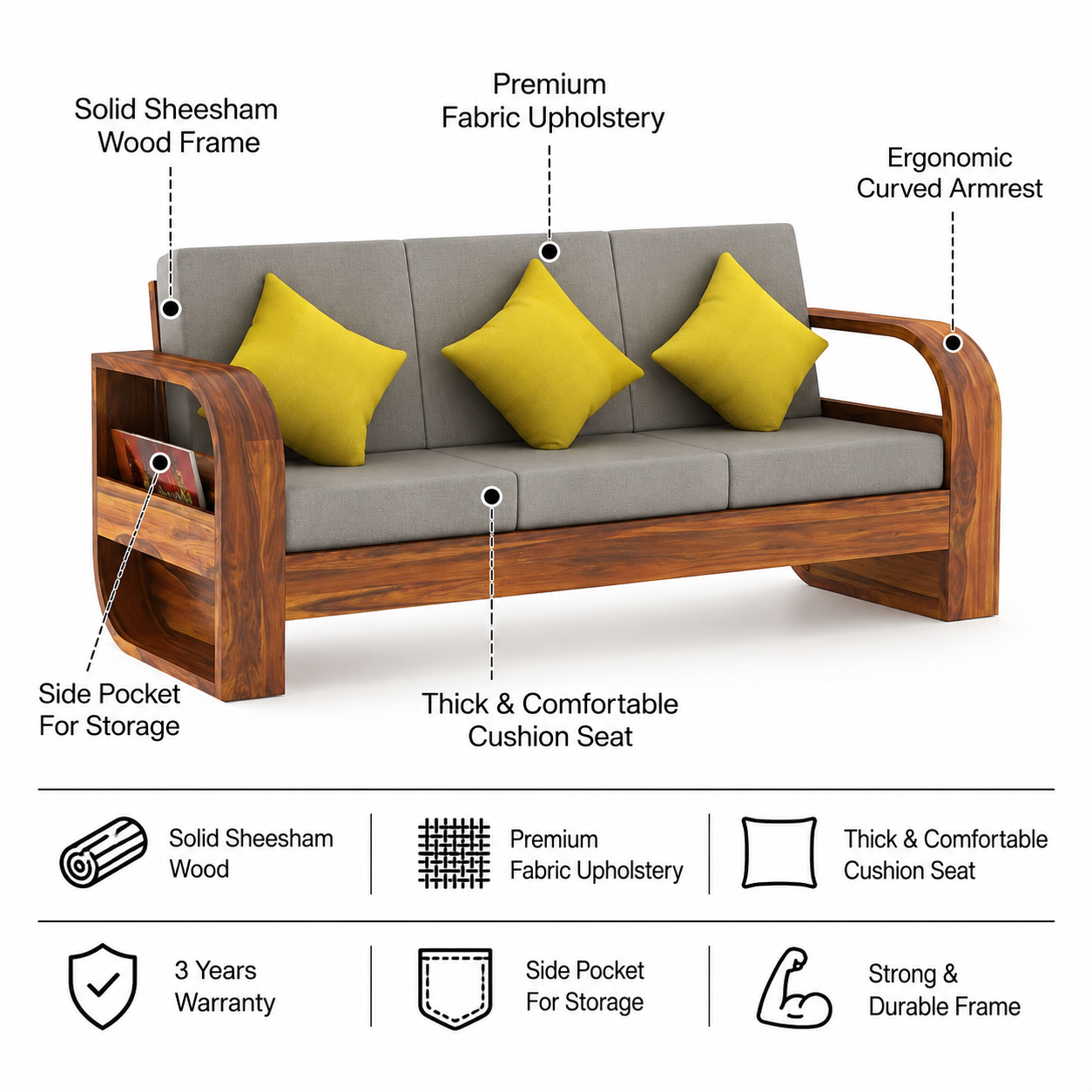 Crew Solid Sheesham Wood 3 Seater Sofa With Side Pocket - 3 Years Warranty features