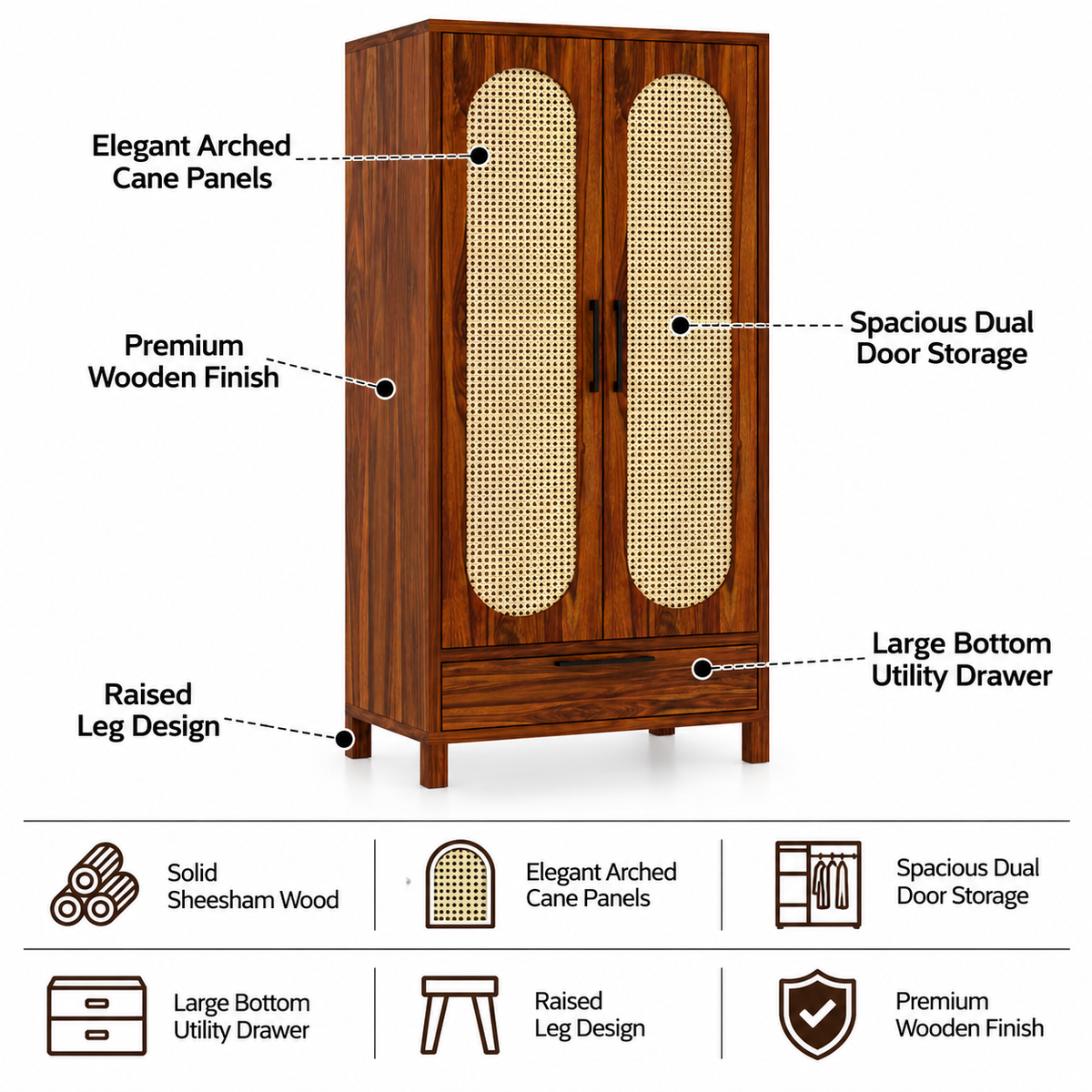 Naptune Solid Sheesham Wood Wardrobe With  Two Doors and Drawer - 3-Year Warranty features