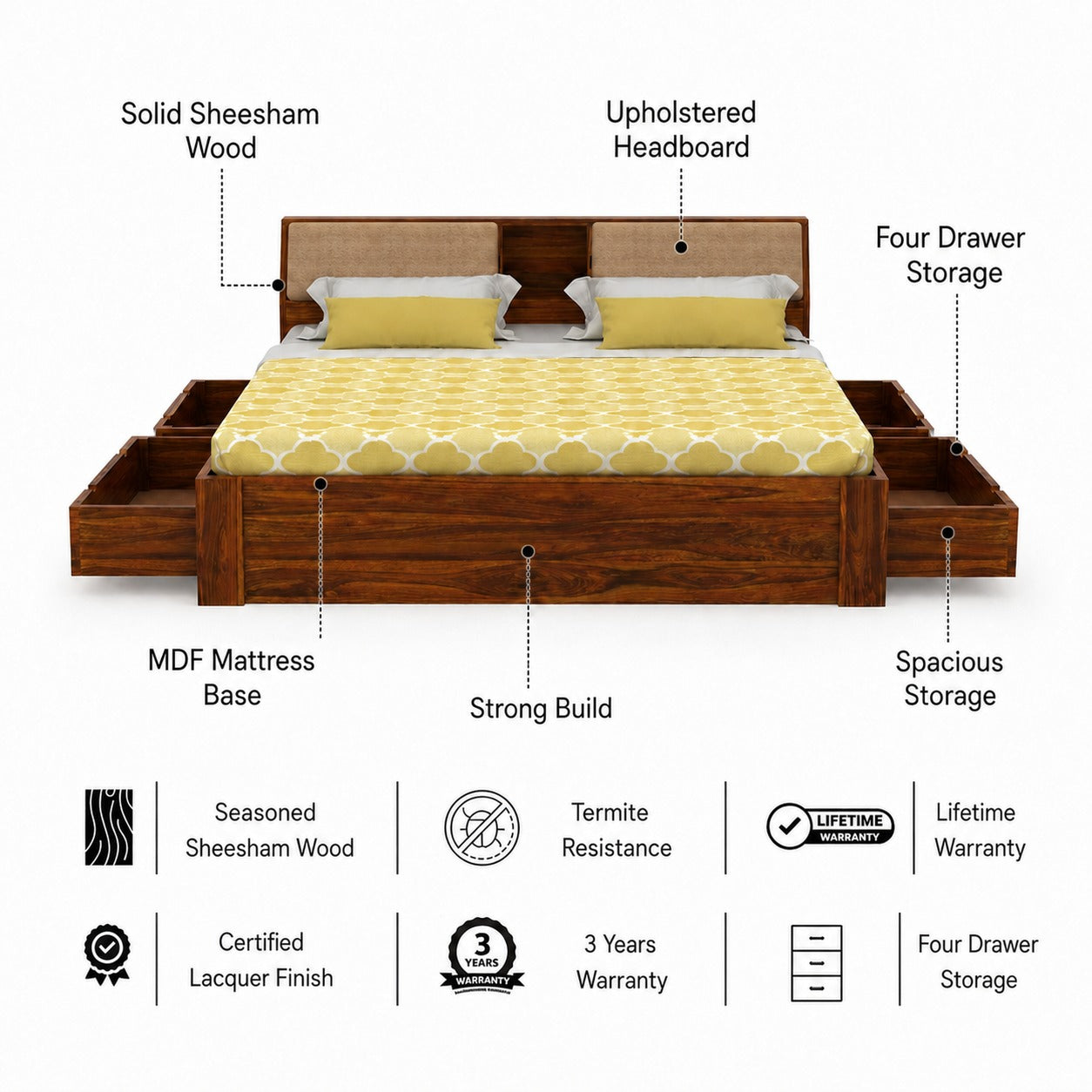 Mayor Solid Sheesham Wood Bed with Four Drawer Storage - 3 Years Warranty features