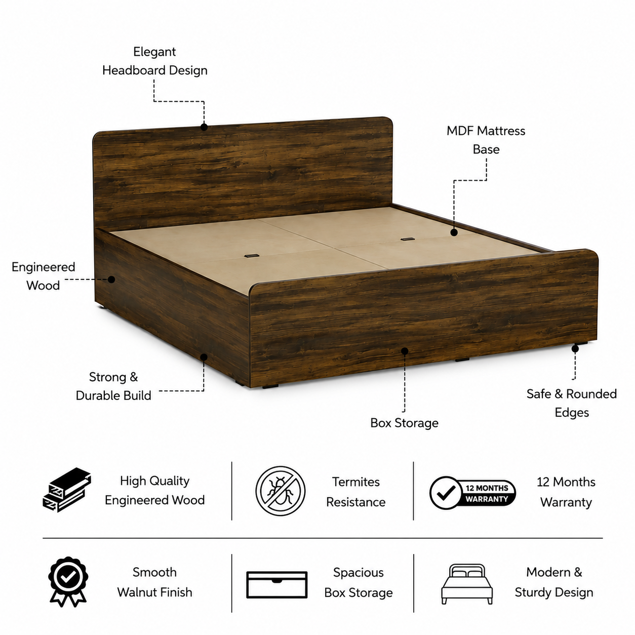 SMITH Engineered Wood Bed with Box Storage (Walnut) - 12 Months Warranty features