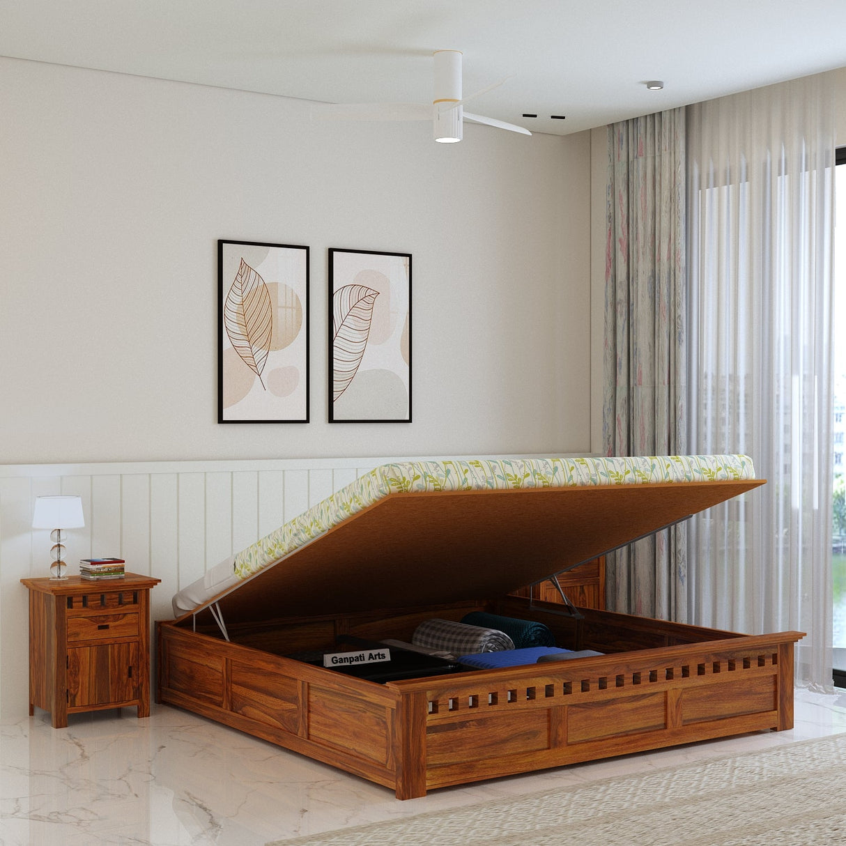 Armania Solid Sheesham Wood Bed With Hydraulic Storage Without Headboard - 3 years Warranty