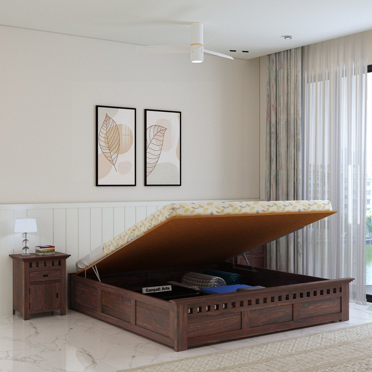 Armania Solid Sheesham Wood Bed With Hydraulic Storage Without Headboard - 3 years Warranty