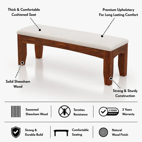 Crown Solid Sheesham Wood Dining Bench - 3 Years Warranty