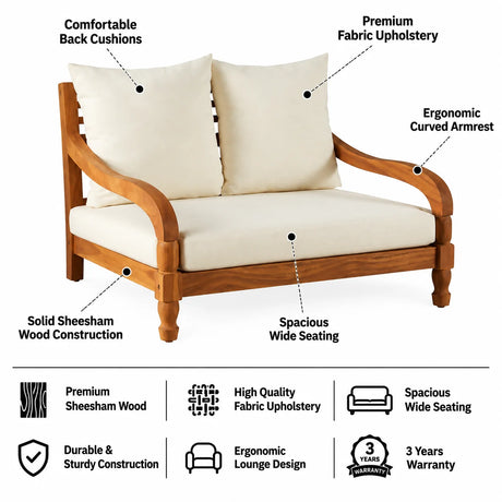 Armania Solid Sheesham Wood 2 Seater Lounge Sofa - 3 Years Warranty
