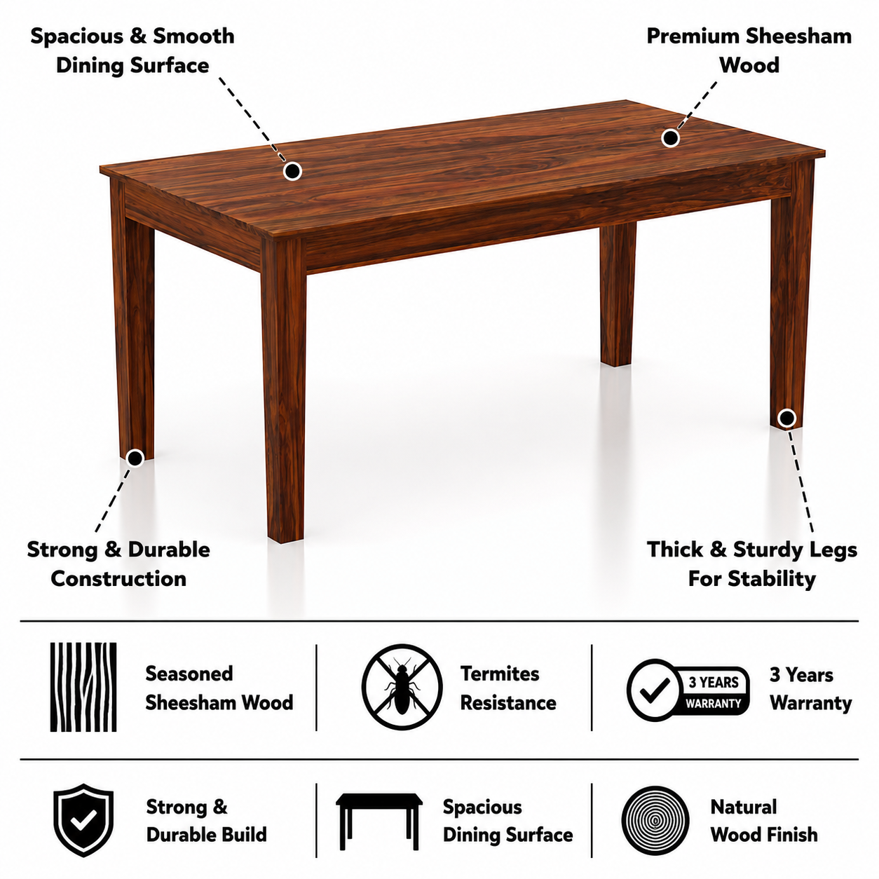 Foster Solid Sheesham Wood 6 Seater Dining Table - 3 Years Warranty features