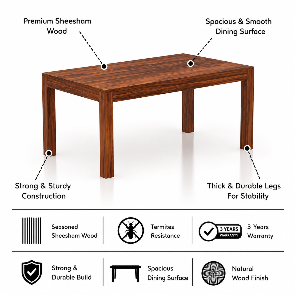 Latin Solid Sheesham Wood 6 Seater Dining Table Set - 3 Years Warranty features