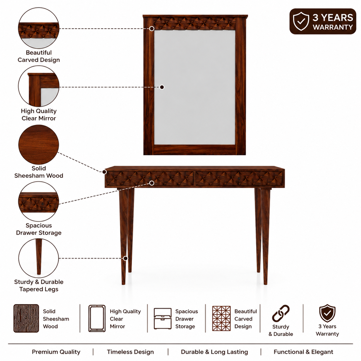 Raj Solid Sheesham Wood Console With Mirror - 3 Years Warranty features